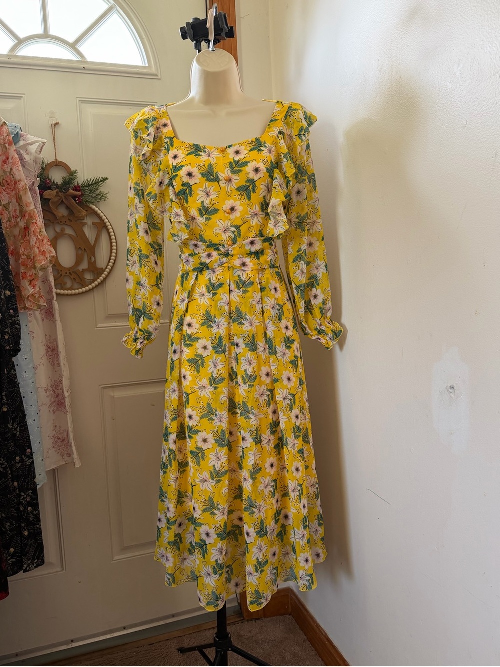Yellow Floral Long Sleeve Midi Dress can fit s and m - Picture 2 of 7